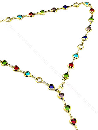 Y Kolye, Taşlı, Çok Renkli, Kalpli, Kolye 432, Kasa Altın Renk