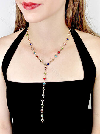 Y Kolye, Taşlı, Çok Renkli, Kalpli, Kolye 432, Kasa Altın Renk