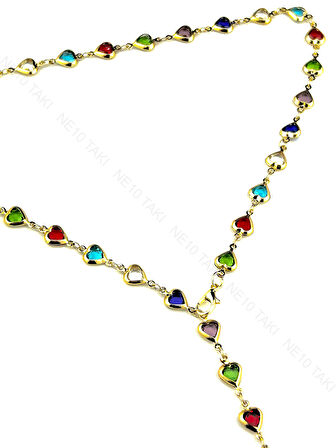 Y Kolye, Taşlı, Çok Renkli, Kalpli, Kolye 432, Kasa Altın Renk