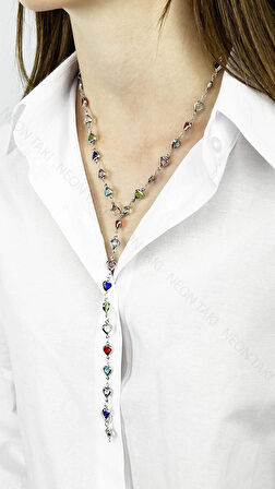 Y Kolye, Taşlı, Çok Renkli, Kalpli, Kolye 433, Kasa Gümüş Renk