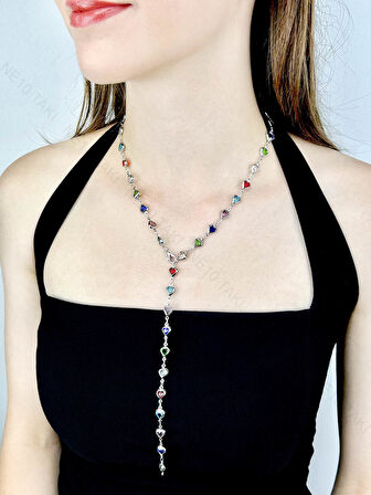 Y Kolye, Taşlı, Çok Renkli, Kalpli, Kolye 433, Kasa Gümüş Renk