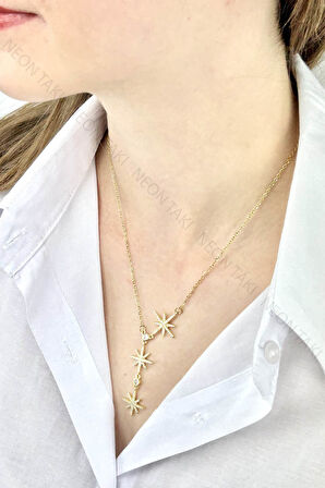 Zirkon Taşlı, Yıldızlı Y Kolye 434, Altın Rengi