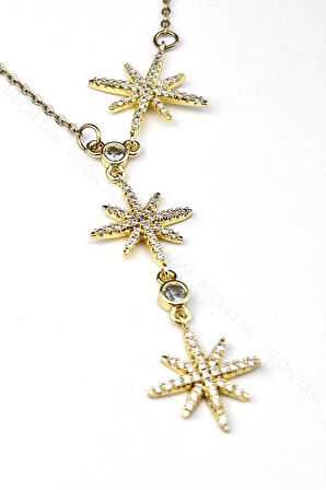 Zirkon Taşlı, Yıldızlı Y Kolye 434, Altın Rengi