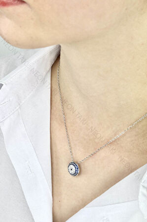 Zirkon Taşlı, Nazar Boncuğu Kolye 435, Gümüş Rengi