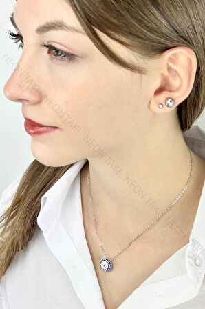 Zirkon Taşlı, Nazar Boncuğu Kolye 435, Gümüş Rengi