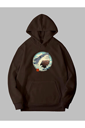 Üç İplik Anime Köpek Balığı Baskılı Unisex Kahverengi Kanguru Cepli Kapüşonlu Sweatshirt Hoodie | XL