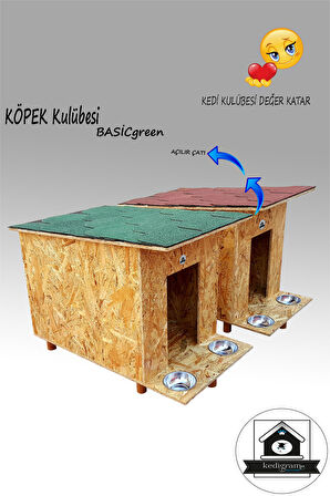 Köpek Kulübesi Basicgreen - Çatı Kaplamalı - Kedi Evi Mama Kabı Hediyeli