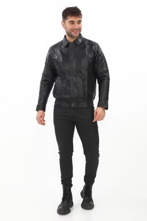 Erkek Beli Lastikli Retro Gerçek Deri Mont