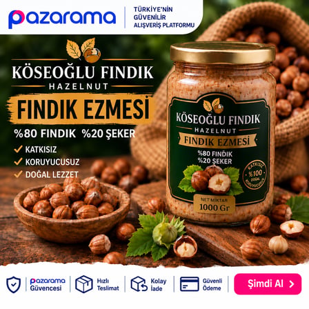 Köseoğlu Fındık Giresun % 100 Giresun Kalite Fındık Ezmesi (% 80 Fındık % 20 şeker) 1000 Gr. Yeni Mahsül.Cam Kavanoz