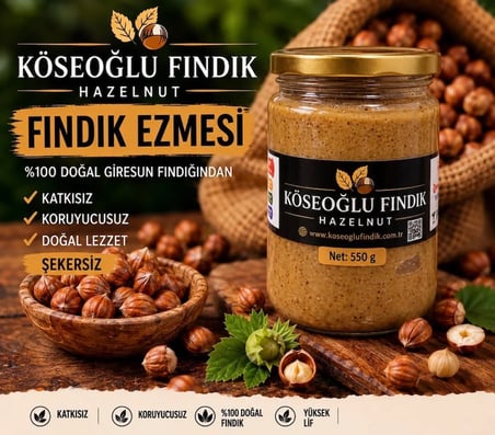 Köseoğlu Fındık % 100 Giresun Kalite Fındık Ezmesi (şekersiz) 550 Gr. YENİ MAHSÜL. Cam Kavanoz