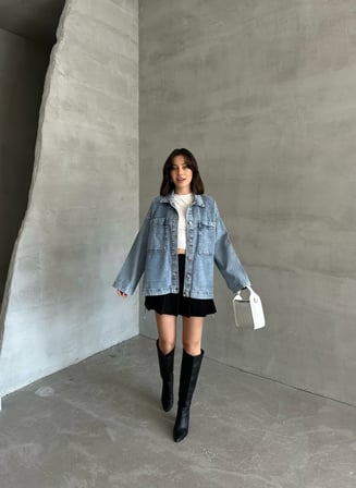 Açık Mavi Yıkamalı Oversize Kot Ceket Çift Cepli Salaş Denim Ceket