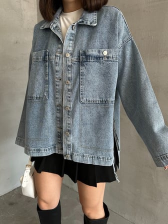 Açık Mavi Yıkamalı Oversize Kot Ceket Çift Cepli Salaş Denim Ceket