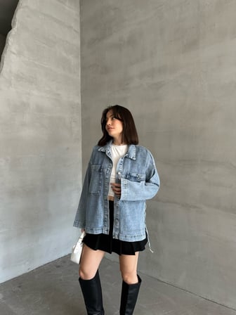 Açık Mavi Yıkamalı Oversize Kot Ceket Çift Cepli Salaş Denim Ceket