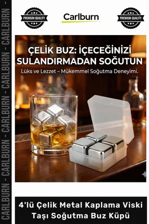 Özel Üretim Gold Lüks Paslanmaz Hediye Seti Şık 4'lü Çelik Metal Kaplama Viski Taşı Soğutma Buz Küpü