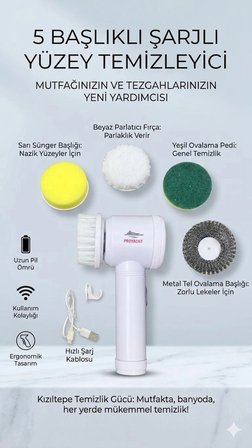Özel Üretim 5 in 1 Kablosuz Şarjlı Temizlik Fırçası Döner Başlıklı Banyo Mutfak Fayans Temizleme Set