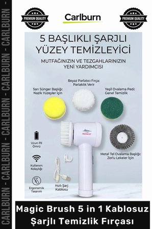 Özel Üretim 5 in 1 Kablosuz Şarjlı Temizlik Fırçası Döner Başlıklı Banyo Mutfak Fayans Temizleme Set