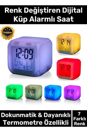 #Saat Dijital LED Işıklı Alarm Termometre Takvim Masa Gece Lambası Renk Değiştiren Küp Saat