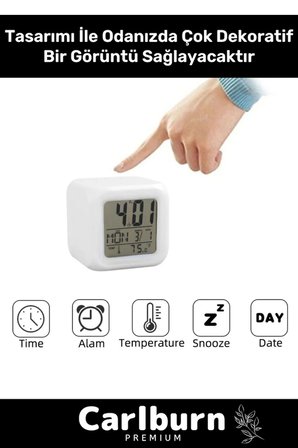 #Saat Dijital LED Işıklı Alarm Termometre Takvim Masa Gece Lambası Renk Değiştiren Küp Saat