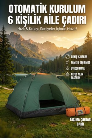 Özel Üretim Su Geçirmez Dayanıklı Pratik Otomatik Kurulumlu Kamp Çadırı 6 Kişilik 220x250x150cm