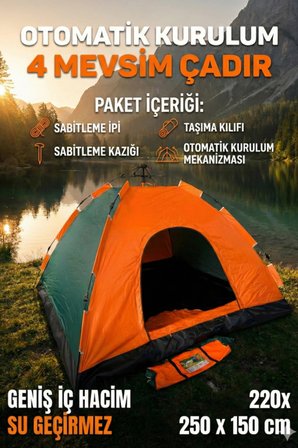 Özel Üretim Su Geçirmez Dayanıklı Pratik Otomatik Kurulumlu Kamp Çadırı 6 Kişilik 220x250x150cm