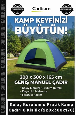 Özel Üretim Su Geçirmez Geniş Outdoor Kolay Kurulumlu Pratik Kamp Çadırı 8 Kişilik 220x300x170