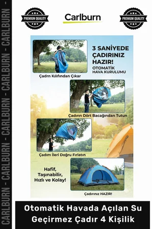 Özel Üretim Kamp Katlanabilir Anti UV Otomatik Havada Açılan Su Geçirmez Çadır 4 Kişilik