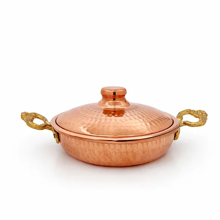 Copper Empire 18 cm Kapaklı Bakır Tava – 650 gr Kalın Bakır Sahan, Kulplu Pişirme ve Servis Tavası