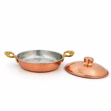 Copper Empire 18 cm Kapaklı Bakır Tava – 650 gr Kalın Bakır Sahan, Kulplu Pişirme ve Servis Tavası