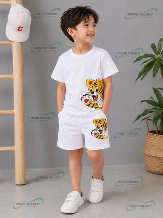 Yazlık Tatlı Yavru Kaplan Baskılı Erkek Çocuk Beyaz Şort, Beyaz T-Shirt Takım