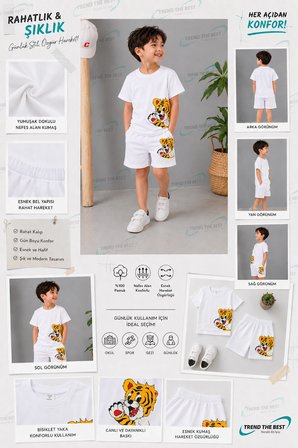 Yazlık Tatlı Yavru Kaplan Baskılı Erkek Çocuk Beyaz Şort, Beyaz T-Shirt Takım