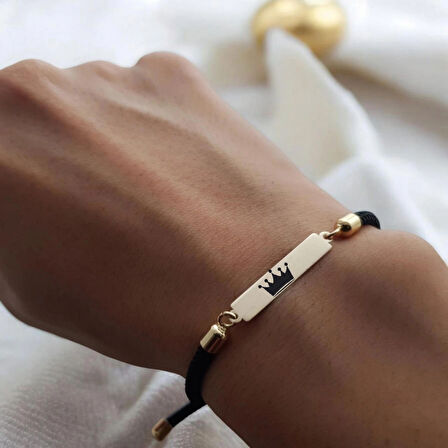 İhtişamın Sembolü Olan Siyah Örgülü Dikdörtgen Motifli 14 Ayar Altın Plakalı Kraliyet Tacı Bilekliği