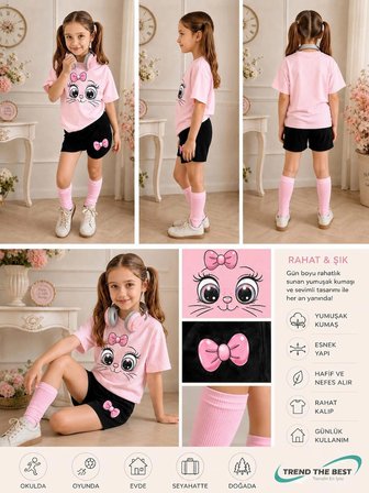Yazlık Kurdele Kedi Baskılı Kız Çocuk Siyah Şort, Pembe T-Shirt Takım