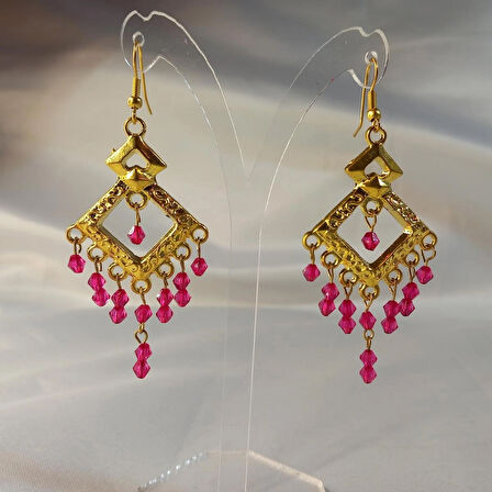 Üçgen Kristal Boncuklu Sallantılı Halka Aesthetic Soft Vibes Vintage Hediyelik Kombin Avize Açık Koyu Pembe Renk Küpe