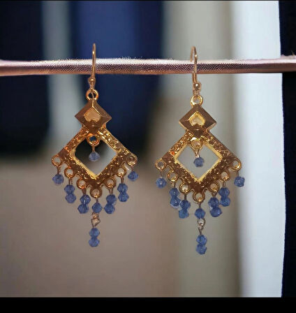 Üçgen Kristal Boncuklu Sallantılı Halka Aesthetic Soft Vibes Vintage Hediyelik Kombin Avize Lacivert Renk Küpe