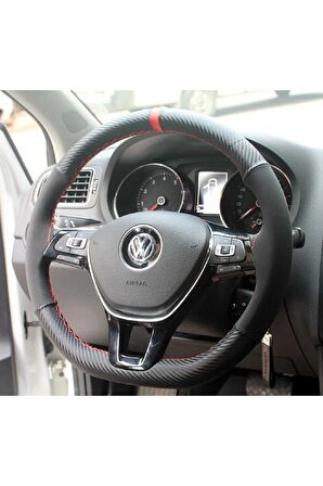 Vw Polo (2014-2018) Uyumlu Dikmeli Direksiyon Kılıfı Carbon-alkantara Kırmızi Yüzüklü