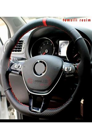 Dacia Sandero Uyumlu Direksiyon Kılıfı Alkantara-karbon Kırmızı Yüzüklü