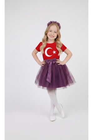 Kız Çocuk 23 Nisan 29 Ekim Gösteri Kıyafeti Kostüm Baskılı Kısa Kol Tshirt Mor Tütü Etek Takım