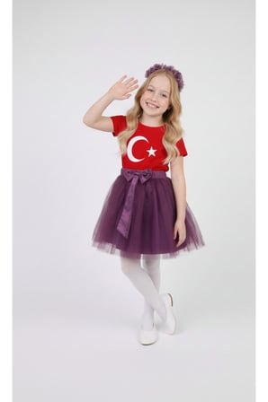 Kız Çocuk 23 Nisan 29 Ekim Gösteri Kıyafeti Kostüm Baskılı Kısa Kol Tshirt Mor Tütü Etek Takım