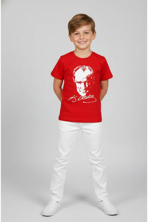 Erkek Çocuk ATATÜRK Baskılı T-Shirt Ve Beyaz Keten Pantolon Takım 23Nisan Ve özel Günler