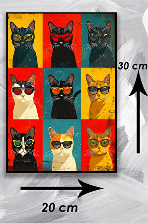 Kedi Resim Illüstrasyon Şık Ahşap Tablo Modeli, Estetik, Oturma Odası, Salon, Ofis, Ev Dekorasyonu