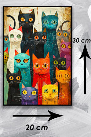 Kedi Resim Illüstrasyon Şık Ahşap Tablo Modeli, Estetik, Oturma Odası, Salon, Ofis, Ev Dekorasyonu