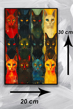 Kedi Resim Illüstrasyon Şık Ahşap Tablo Modeli, Estetik, Oturma Odası, Salon, Ofis, Ev Dekorasyonu