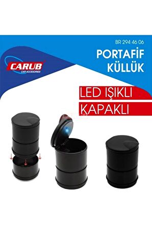 Universal Kül Tablası Kapaklı Led Işıklı Kokusuz Küllük Siyah