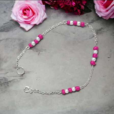 Kum Boncuklu ve İnci Boncuklu Aesthetic Soft Vibes Vintage Pembe Renk Zincir Bileklik