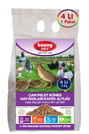 Bonny Nice Doğal Çam Pelet Bıldırcın Güvercin Süs Tavukları Kafes Altlığı 2 Kg 4 Lt