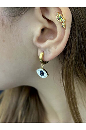 Zirkon Taşlı, Göz, Sallantılı Model, Paslanmaz Çelik Küpe 3, Altın Renk