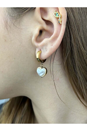 Sallantılı Incili Kalp, Paslanmaz Çelik Küpe 12, Altın Renk