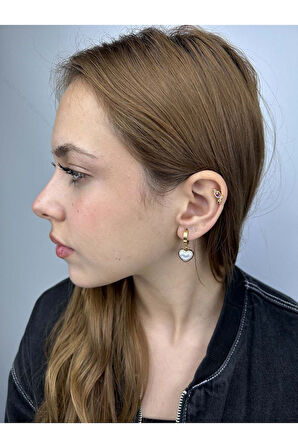 Sallantılı Incili Kalp, Paslanmaz Çelik Küpe 12, Altın Renk