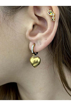 Zirkon Taşlı, Balon Sallantılı Kalp, Paslanmaz Çelik Küpe 13, Altın Renk