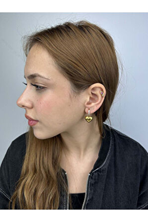 Zirkon Taşlı, Balon Sallantılı Kalp, Paslanmaz Çelik Küpe 13, Altın Renk